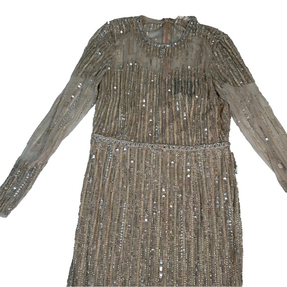 Mac Duggal trumpet gown beige Cream Sequin Long Sleeve Dress maxi fitted - Picture 4 of 13